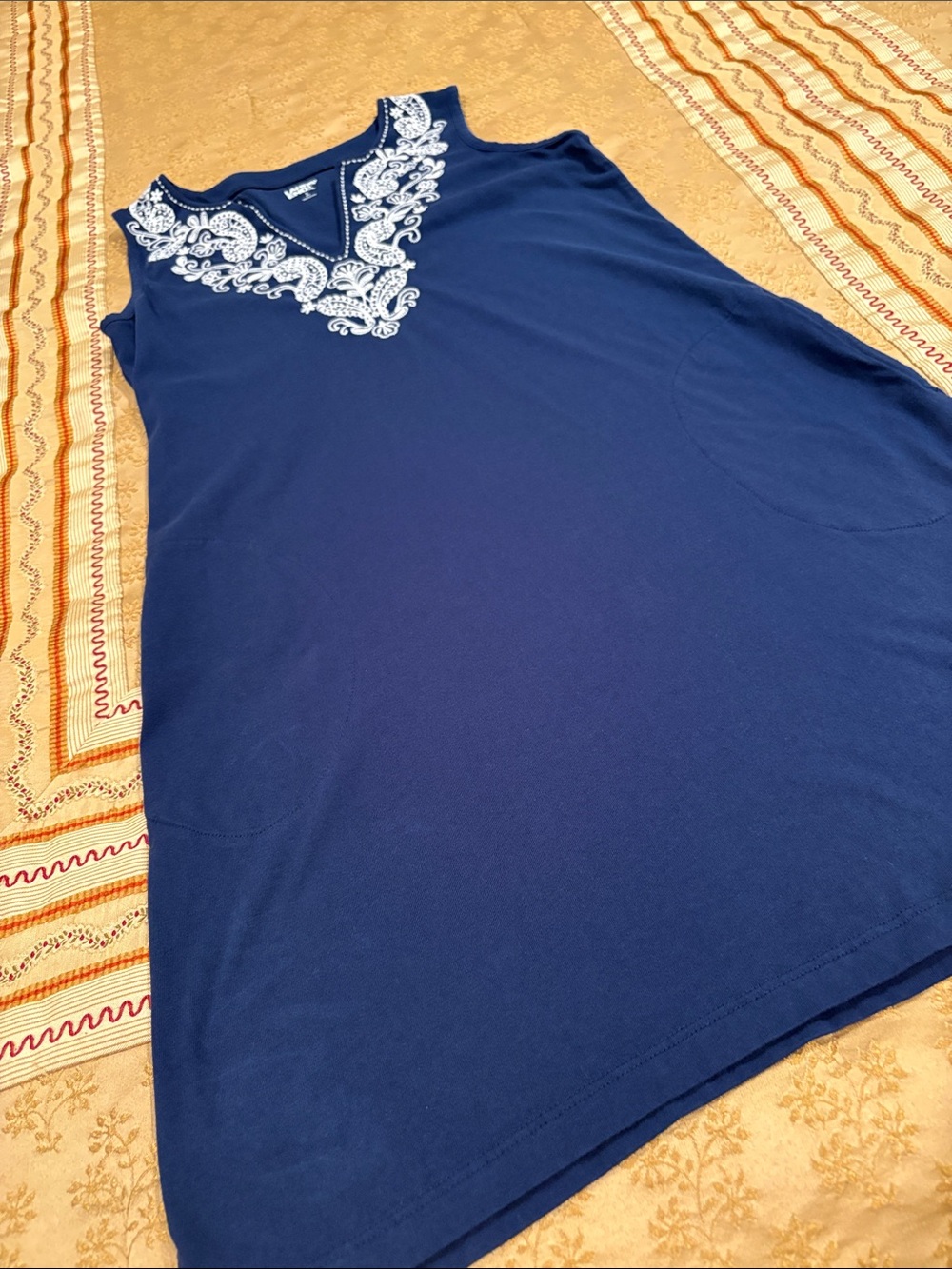 Lands' End Navy Dress with Cream Embroidery, Sleeveless, Cotton, S (6-8)